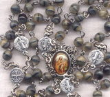 Brigittine Rosary St Joseph with St Benedict medals grey glass  BR66