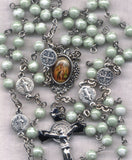 Brigittine Rosary St Joseph with St Benedict medals moss green glass  BR69