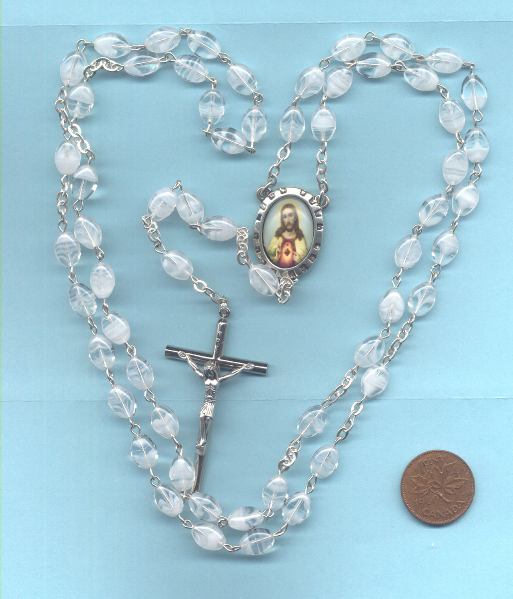 Sacred Heart of Jesus Blue Glass Cross Rosary Beads.