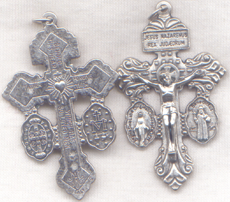 Bulk Pack of 25 - Pardon Indulgence Crucifix Triple Threat Crucifix Cross  for Rosary Making with St Benedict Medal and Miraculous Medal - 2 1/8 Inch  Silver Oxidized Italian Crucifix Catholic Rosary Making Supplies