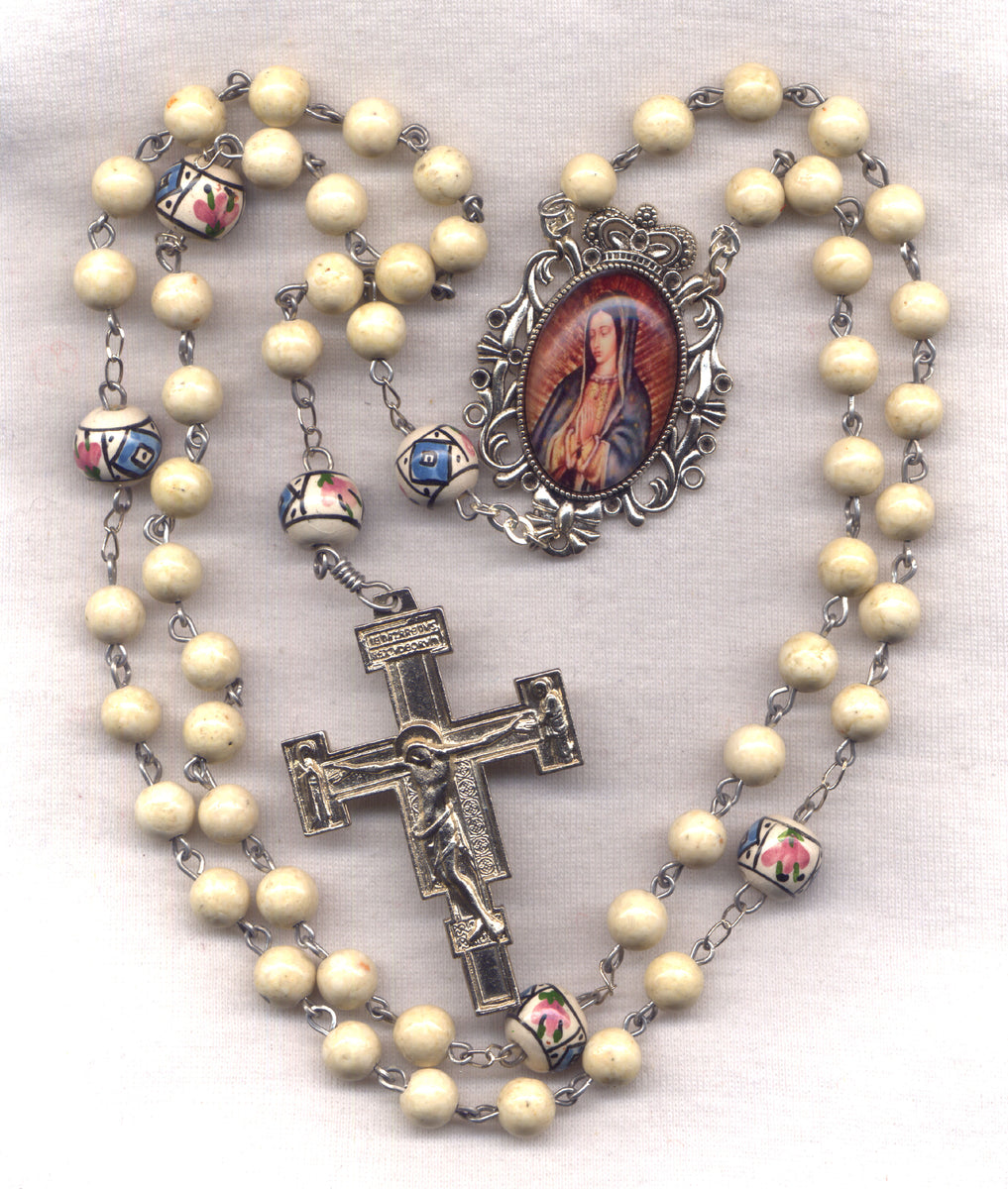 Antique Mother Of Pearl Rosary Stone Metal Cross Beads Vintage Christianity