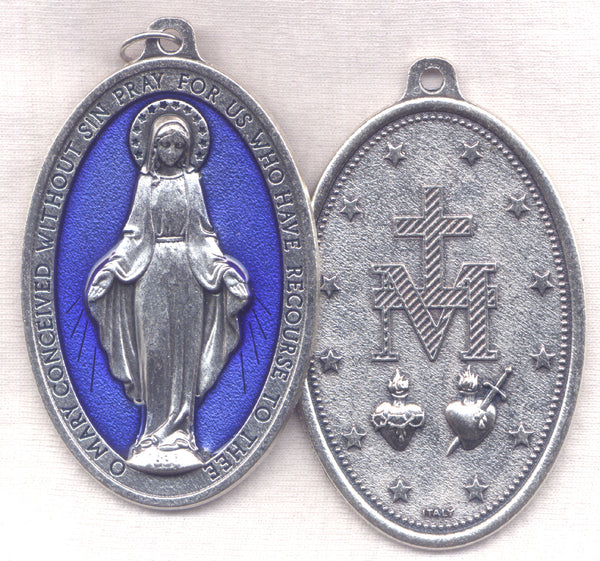 Miraculous Medal 3 inch size blue enamel silver color Bon100