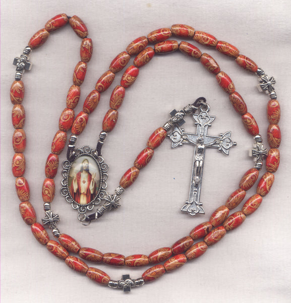 Brigittine Cord Rosary Sacred Heart of Jesus with red wood beads BR11