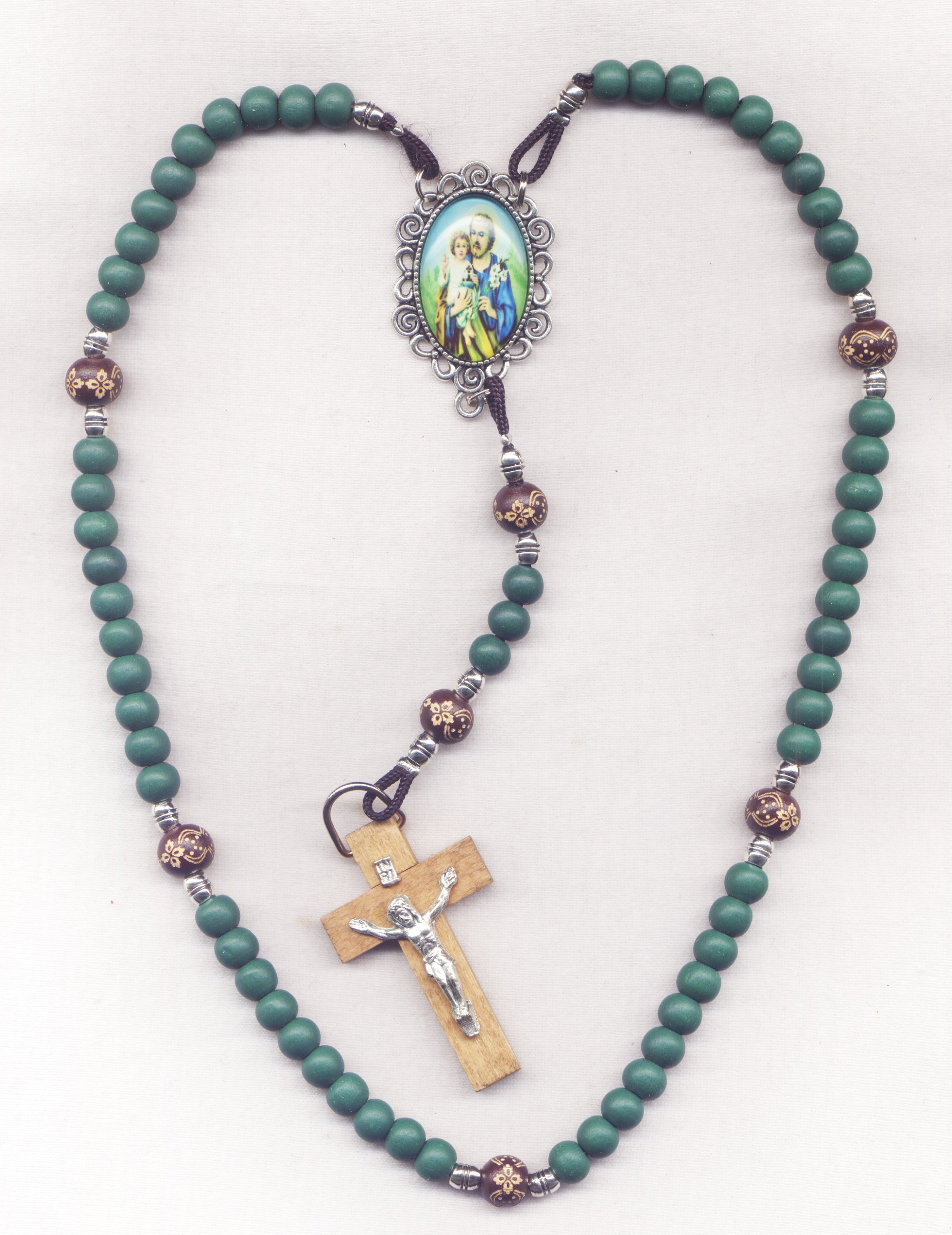 Handmade St. Benedict Wood Rosary Necklace With Bronze Heart Locket Medal & Velvet Bag