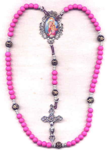 Brigittine Cord Rosary Mary Queen of Heaven pink wood beads BR023