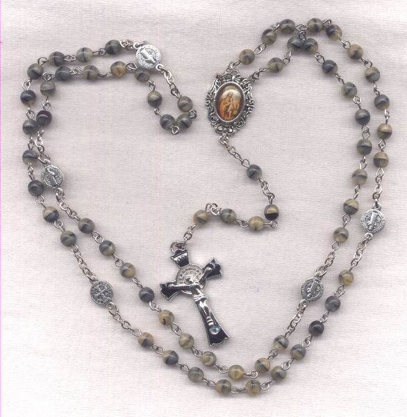 Brigittine Rosary St Joseph with St Benedict medals grey glass  BR66