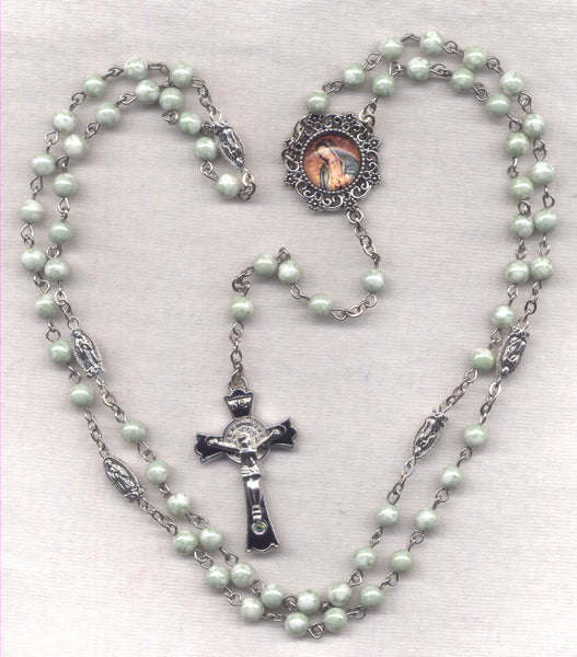 Brigittine Rosary Our Lady of Guadalupe St Benedict medal crucifix moss green glass  BR68