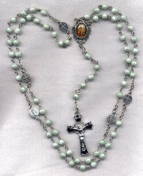 Brigittine Rosary St Joseph with St Benedict medals moss green glass  BR69