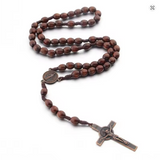 Wood Cord Rosary Dark Brown Oval Beads St Benedict Crucifix and center CD03