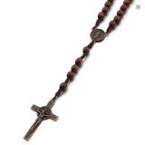 Wood Cord Rosary Dark Brown Oval Beads St Benedict Crucifix and center CD03