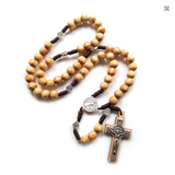 Brown Wood Bead St Benedict Medal Cord Rosary  CD17