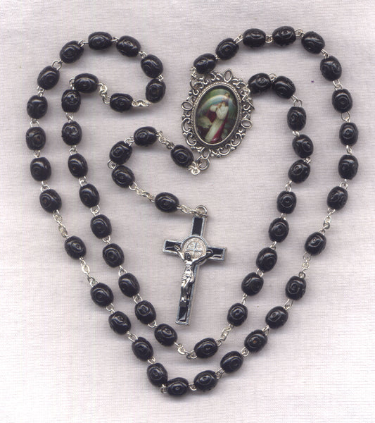 Agony in the Garden St Benedict Black Wood Carved bead Rosary GR25
