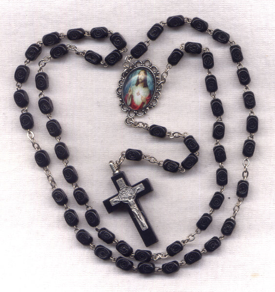 Sacred Heart of Jesus rectangle carved wood beads GR41B Black