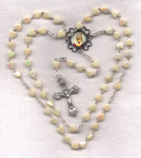 Blessed Virgin Mary Rosary white AB heart beads GR51