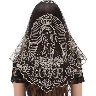Our Lady of Guadalupe Chapel Veil beige on black Embroidered VE38