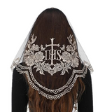 IHS Chapel Veil Antique Grey on Black Embroidered VE22