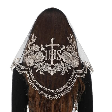 IHS Chapel Veil Antique Grey on Black Embroidered VE22