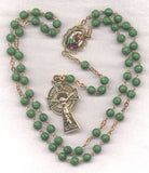 Irish Shamrock St Patrick rosary green round glass gold IR03