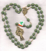 Irish Shamrock Our Lady of Knock relic rosary green oval glass gold IR04