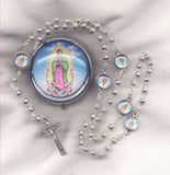 Our Lady of Guadalupe Mini Silver Roses Rosary with Glass Top Box JB05