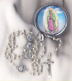 Our Lady of Guadalupe Mini Silver Roses Rosary with Glass Top Box JB05