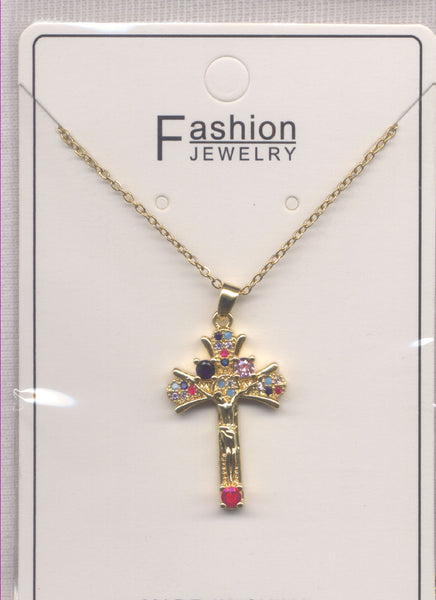 Glittery Color Cubic Zirconia Goldtone Crucifix Necklace NCK69