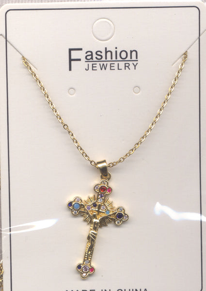 Glittery Color  Cubic Zirconia Goldtone Crucifix Necklace NCK70