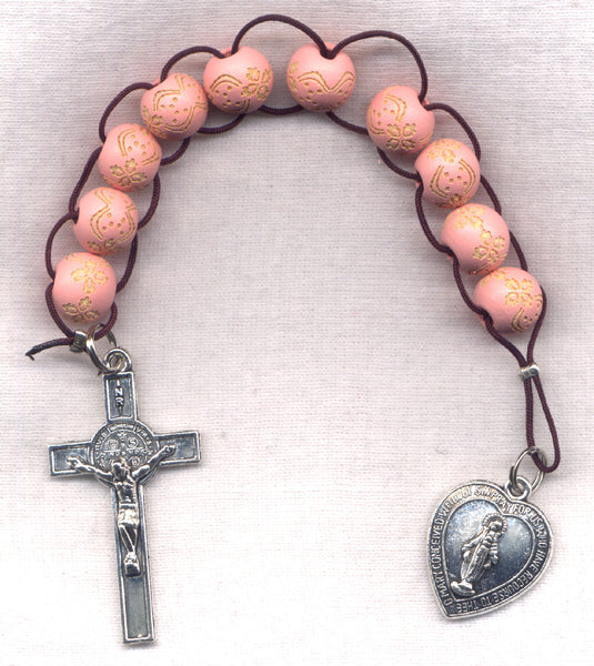 One Decade Pull Rosary Pink Carved Wood Beads Brigittine or Dominican PL25