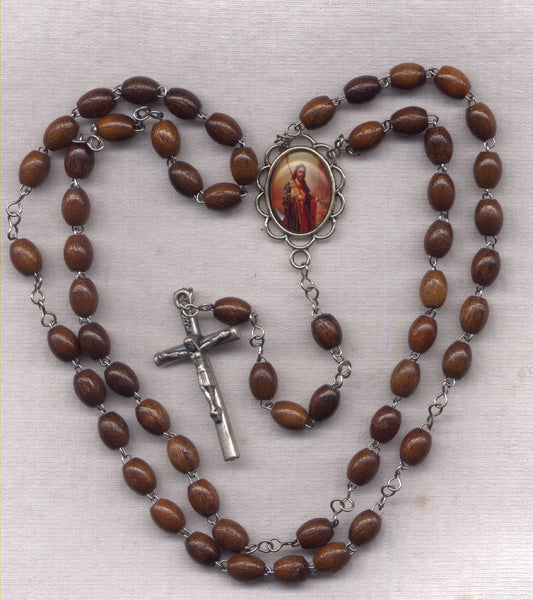 Jesus the Good Shepherd oval wood bead rosary GR34