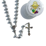 First Communion White Wood Rosary with box FanC-20