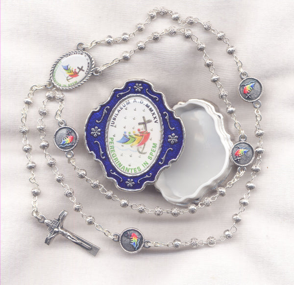 Jubilee 2025 Rosary Silver Roses with Blue Enamel Logo Box JB08