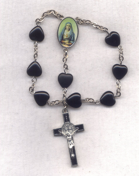 7 Sorrows One Decade Pocket Rosary Servite black heart glass 7S13