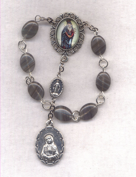 7 Sorrows One Decade Pocket Rosary Servite grey marbled glass 7S15