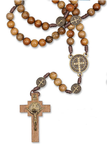 St Benedict Medal Brown Wood Cord Rosary  CD08