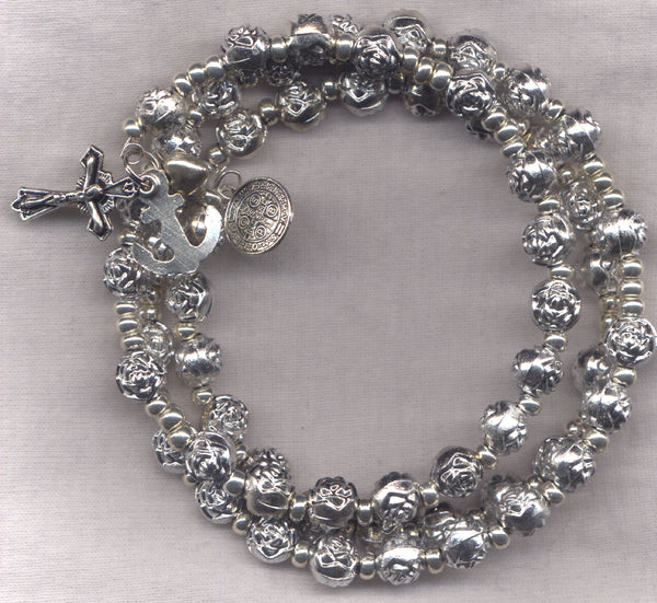 Faith Hope Charity Silver Rosebuds spring wire rosary bracelet BR001