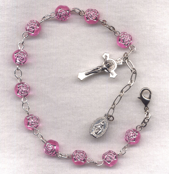 Sweet Pink Silver Rosebud One Decade Rosary Bracelet BR005
