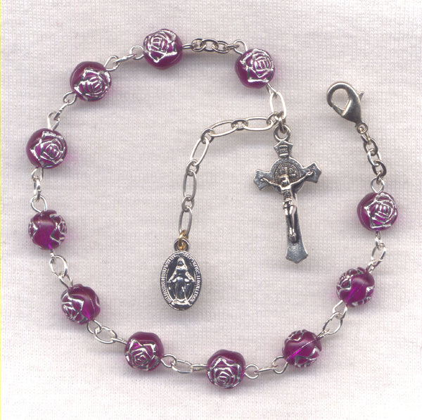 Rose Purple Silver Rosebud One Decade Rosary Bracelet BR009