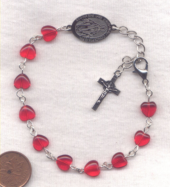Red Glass Heart One Decade Rosary Bracelet BR023