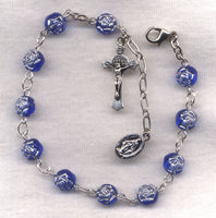 Sapphire Blue Silver Rosebud One Decade Rosary Bracelet BR025