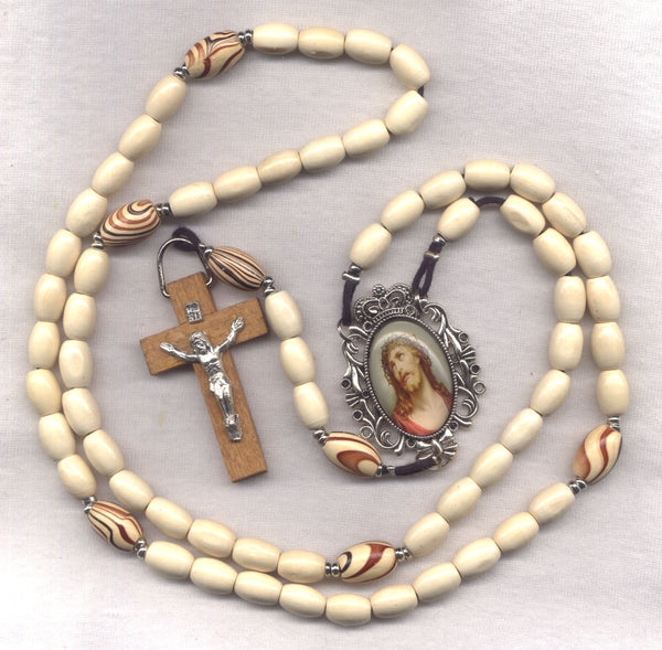 Brigittine Cord Rosary Thorn Crowned Jesus with Wood Beads BR09