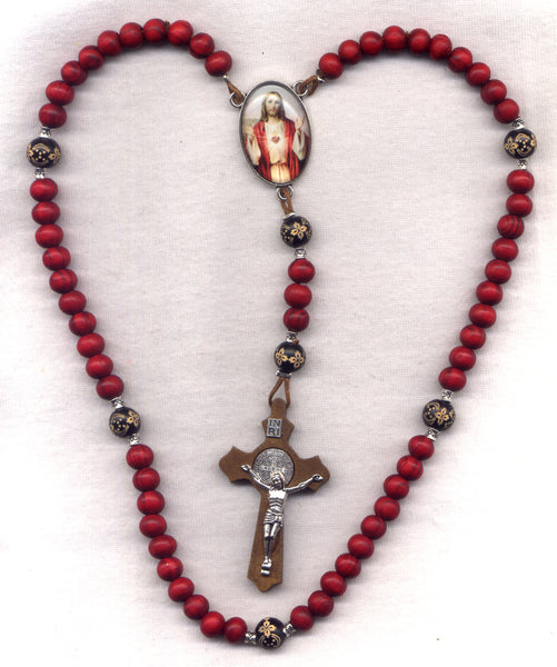 Brigittine Cord Rosary Sacred Heart of Jesus with red wood beads BR11