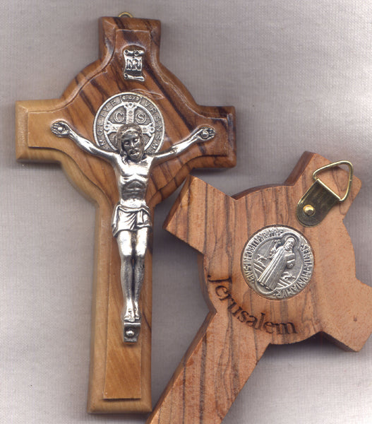 Olive Wood 4 inch St Benedict Medal Wall Crucifix from the Holy Land
