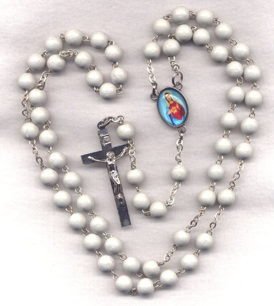 Bulk Buy White Wood Rosary Immaculate Heart of Mary 5 per pkg