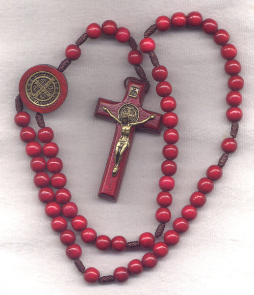 St Benedict Medal Wood Cord Rosary Madiera Red CD09