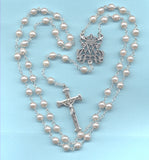 Ave Maria Monogram White Capped Pearl Rosary GR01