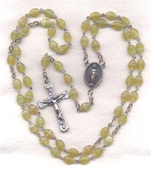 Miraculous Medal Rosary Chiffon Green Stripe Glass Oval Bead GR02