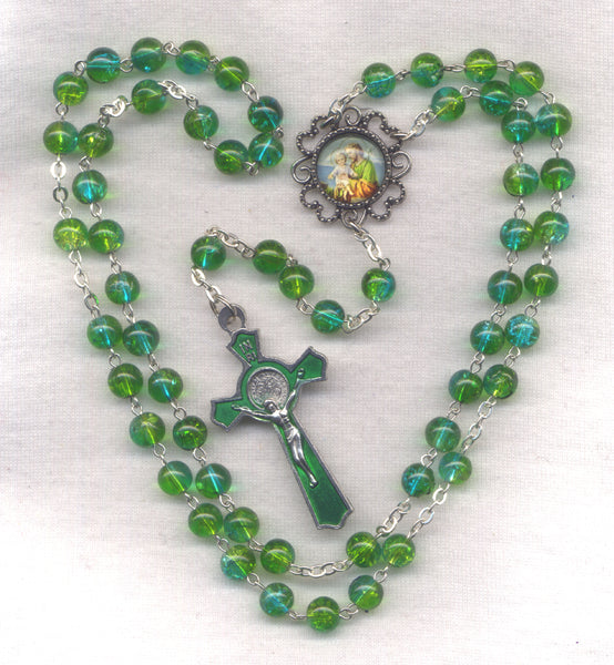 St Joseph Rosary Green and Teal Crackle Glass Bead GR101C May
