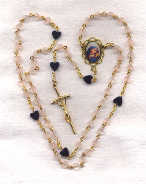 Mother of Sorrows Rosary Genuine Rose Quartz and Hematite Heart Beads GR14