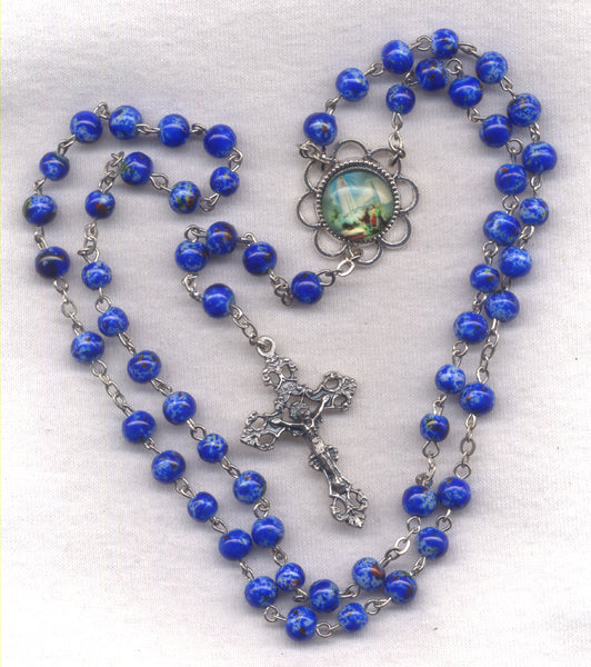 Our Lady of Fatima Rosary Blue Splash Glass Bead GR96