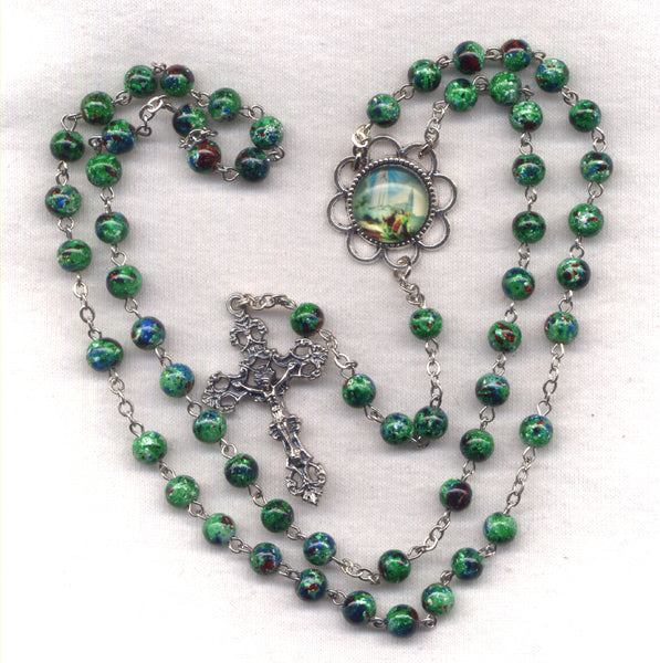 Our Lady of Fatima Rosary Green Splash Glass Bead GR99